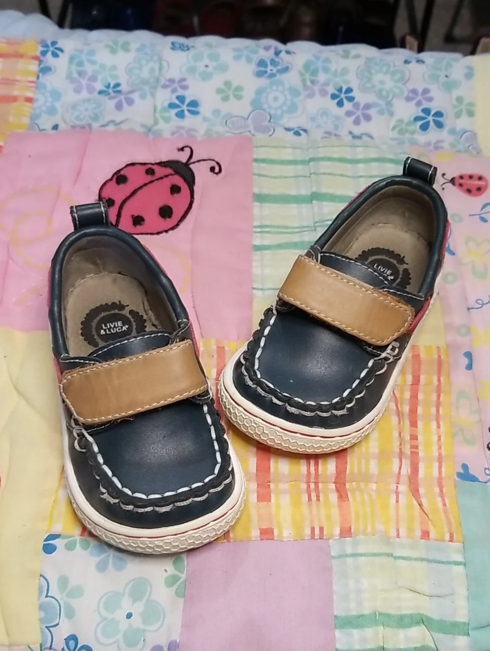 Livie & Luca Navy and Tan Leather Hook-and-Loop Loafers Size 4